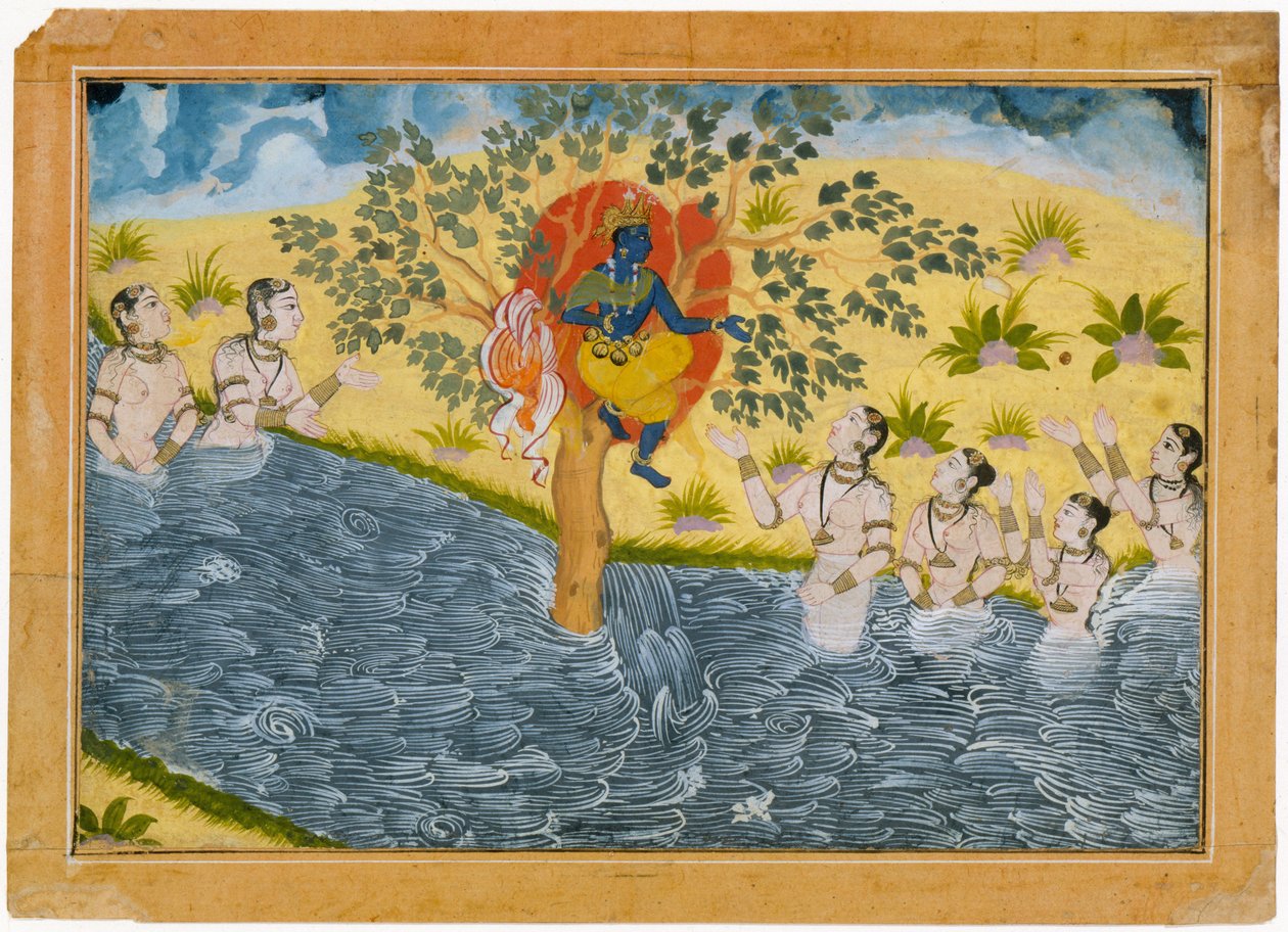 Gopit kehottavat Krishnaa palauttamaan vaatteensa. Folio Bhagavata Purana (Ancient Stories of Lord Vishnu) -sarjasta. tekijältä Unbekannt Unbekannt