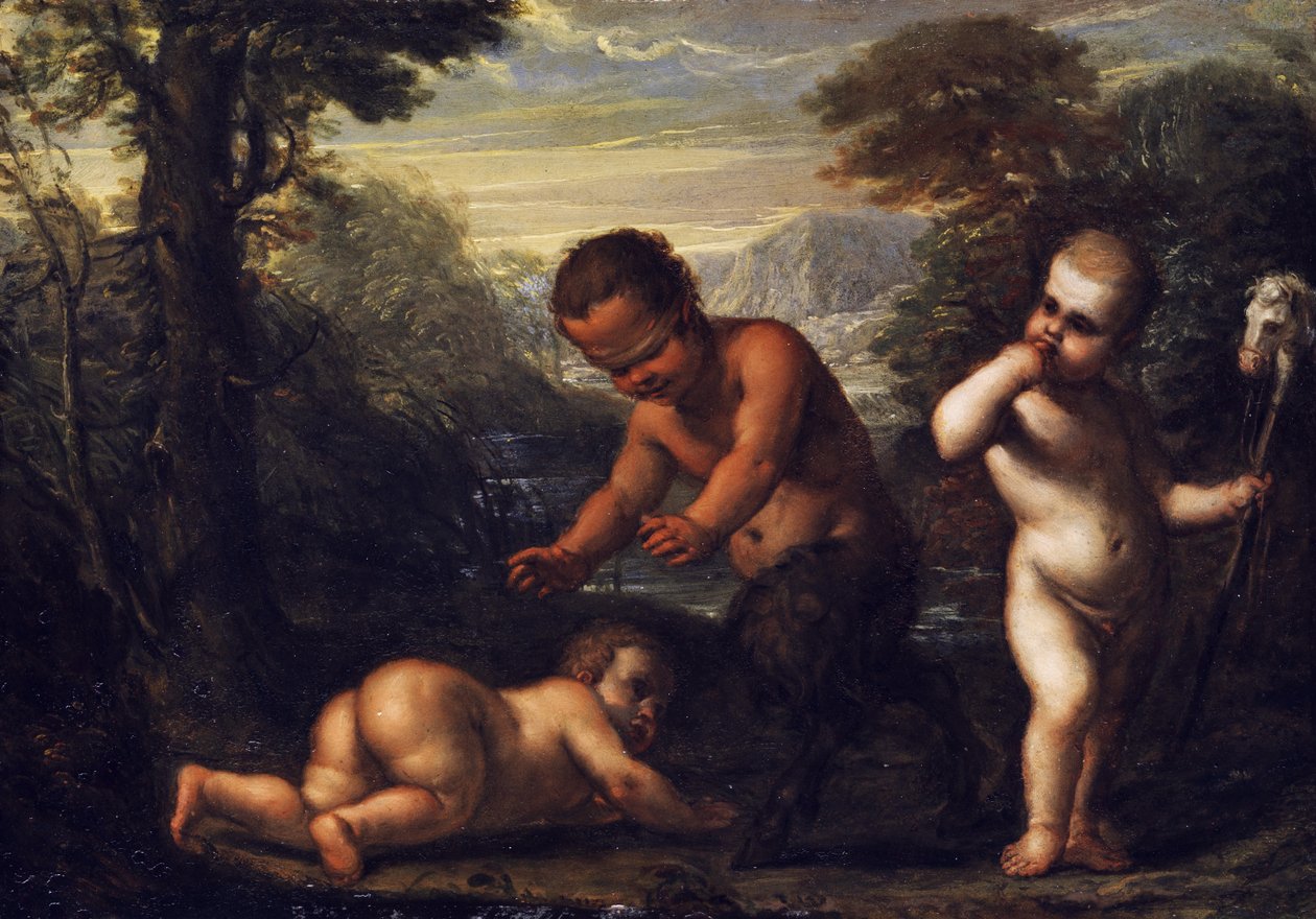 Panknabe mit verbundenen Augen im Spiel mit zwei Kindern tekijältä Unbekannt Unbekannt