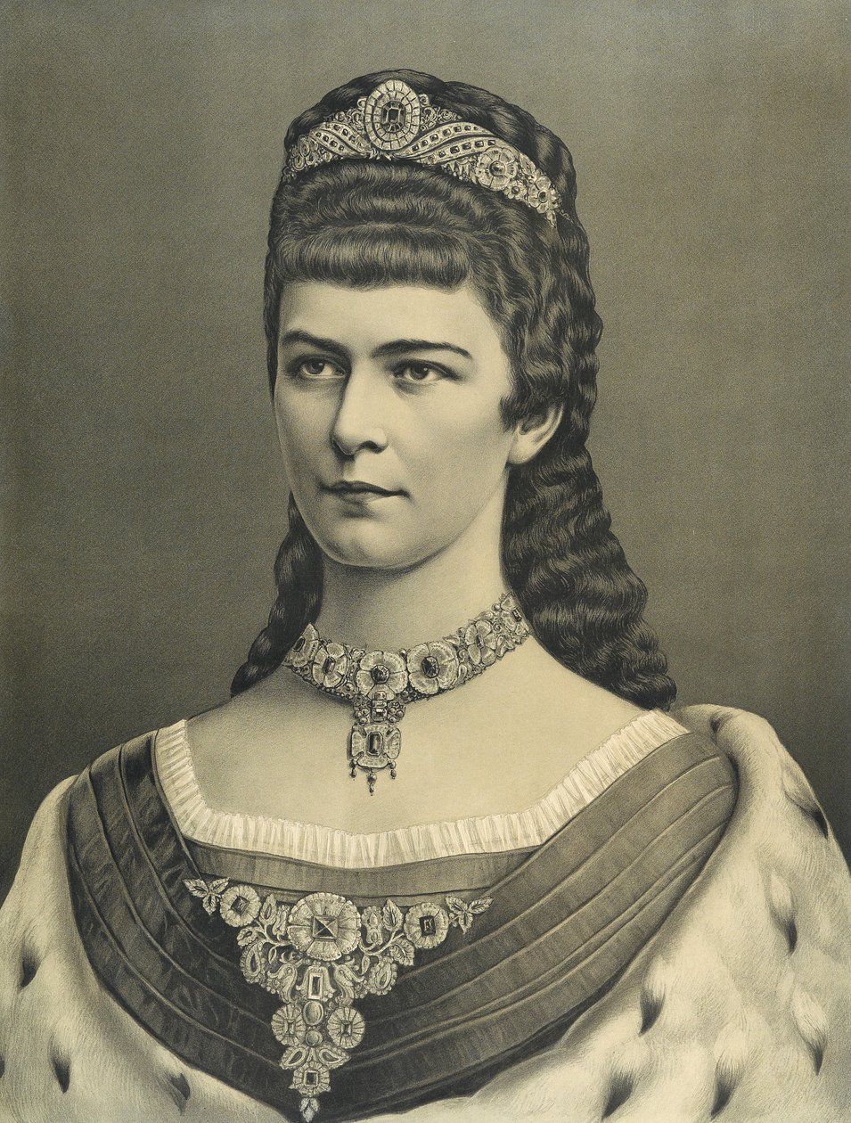 Porträtlithographie Kaiserin Elisabeth mit Rubinschmuckgarnitur tekijältä Unbekannt Unbekannt