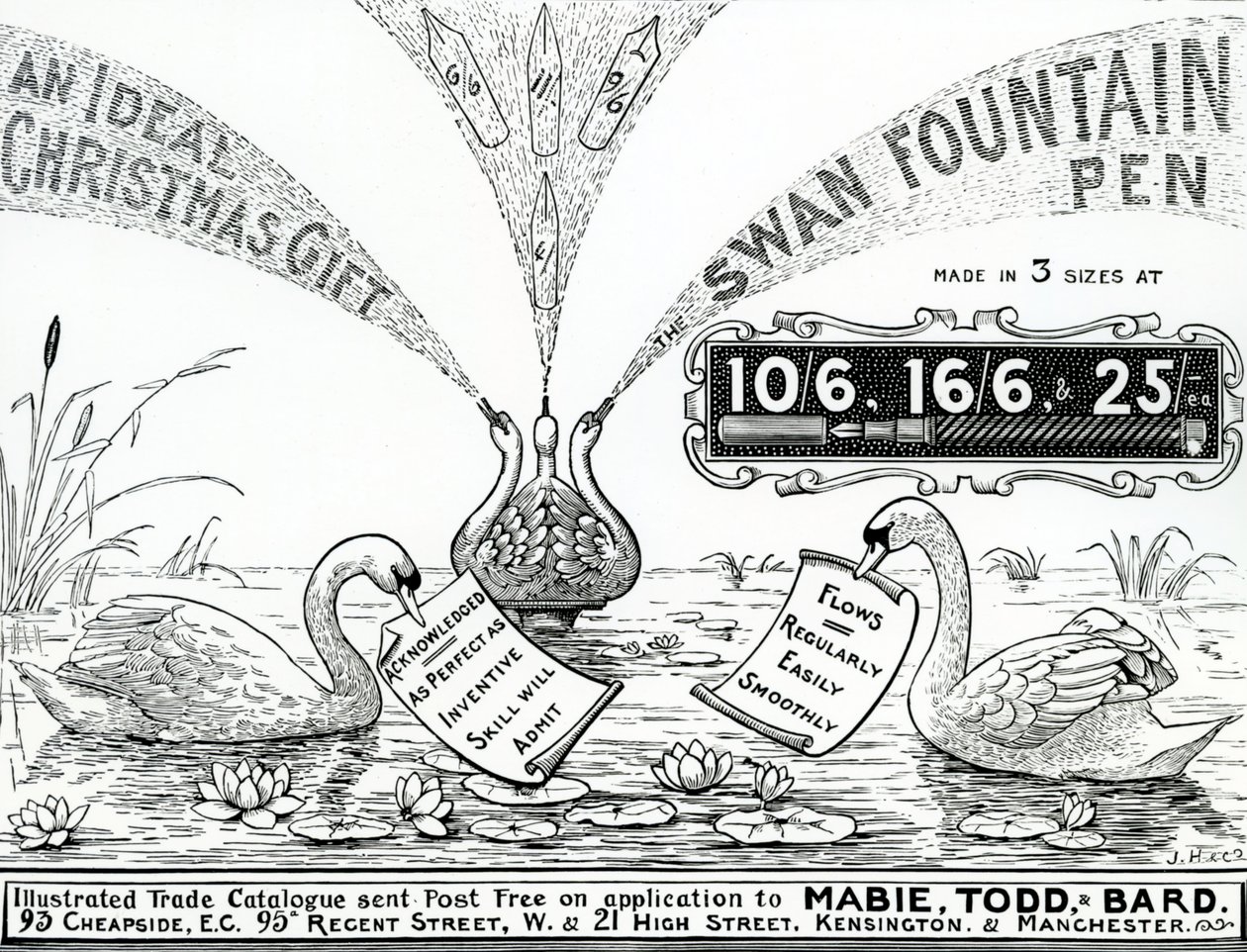 Mainos Swan Fountain Pens, kuvitettu kauppaluettelo, n. 1900-10 tekijältä Unbekannt Unbekannt