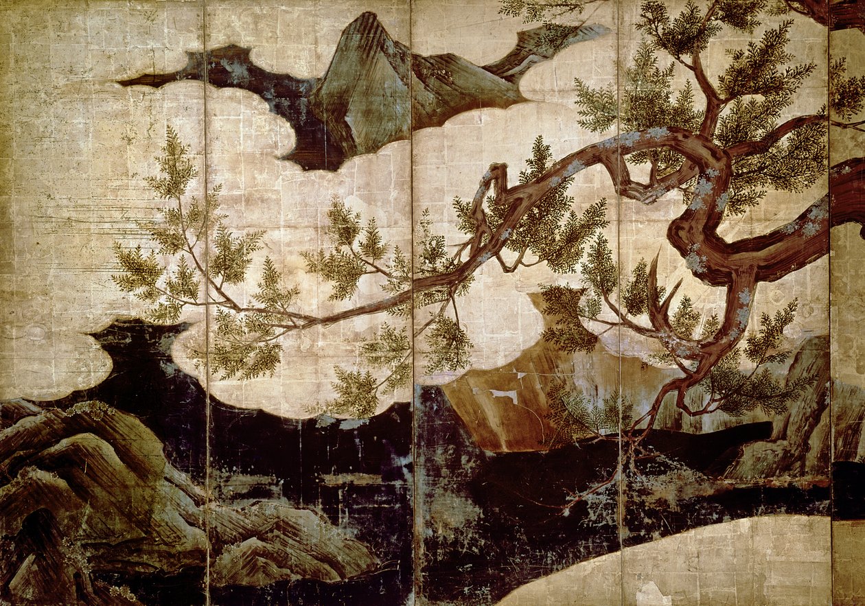 Kano Eitokun sypressi, Muromanchi-kausi (1368-1573) (kahdeksankertaisesta näytöstä, väri kultalehtipaperille) tekijältä Unbekannt Unbekannt