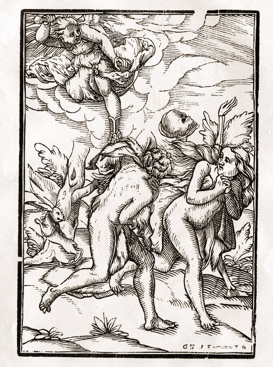 Kuolema tulee Adamille ja Eevalle, kaiverrettu Georg Scharffenberg, "Der Todten Tanz", julkaistu Basel, 1843 tekijältä Unbekannt Unbekannt