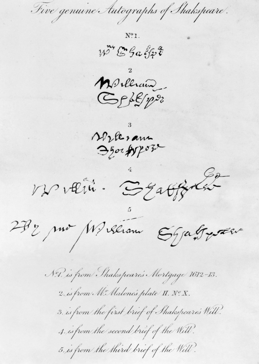 Viisi aitoa William Shakespearen (1564-1616) nimikirjoitusta tekijältä Unbekannt Unbekannt