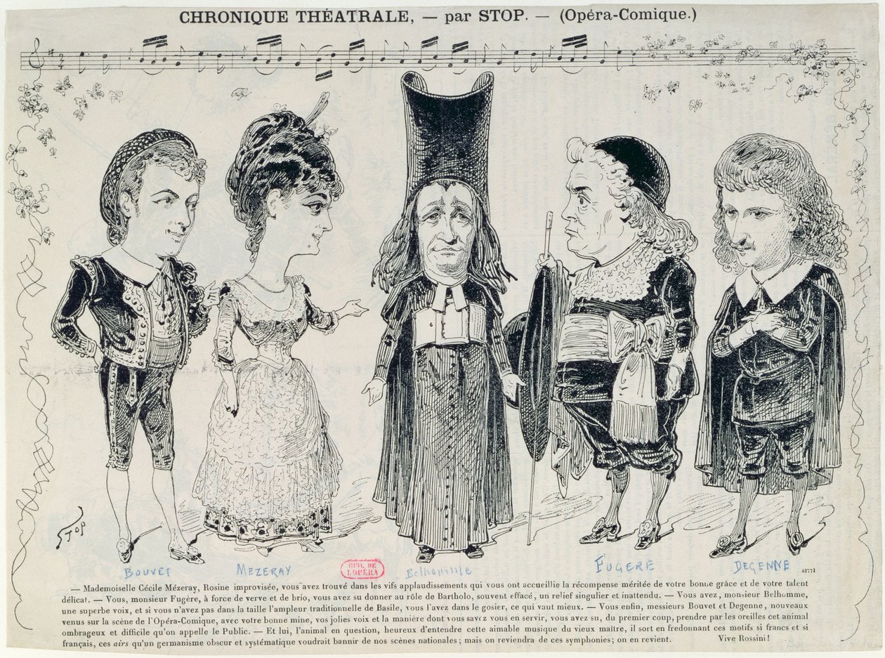 Viisi karikatyyriä Gioachino Rossinin (1792-1868) Sevillan parturi -teoksen ranskalaisen tuotannon näyttelijöistä. tekijältä Unbekannt Unbekannt