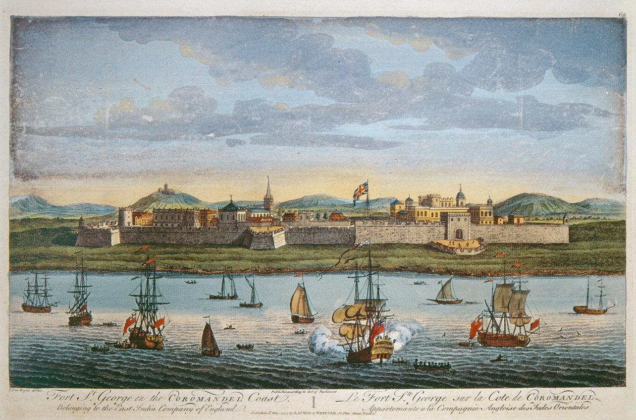 Fort St. George, Coromandel Coast, Intia. I Van Rynen värillinen kaiverrus, 1794 tekijältä Unbekannt Unbekannt
