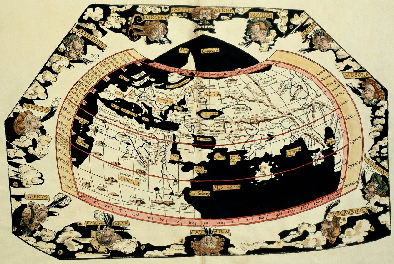 Maailmankartta, joka perustuu Ptolemaios (Claudius Ptolemaeus Aleksandrialainen) (n. 90-168 jKr.) Geographiassa annettuihin kuvauksiin ja koordinaatteihin tekijältä Unbekannt Unbekannt