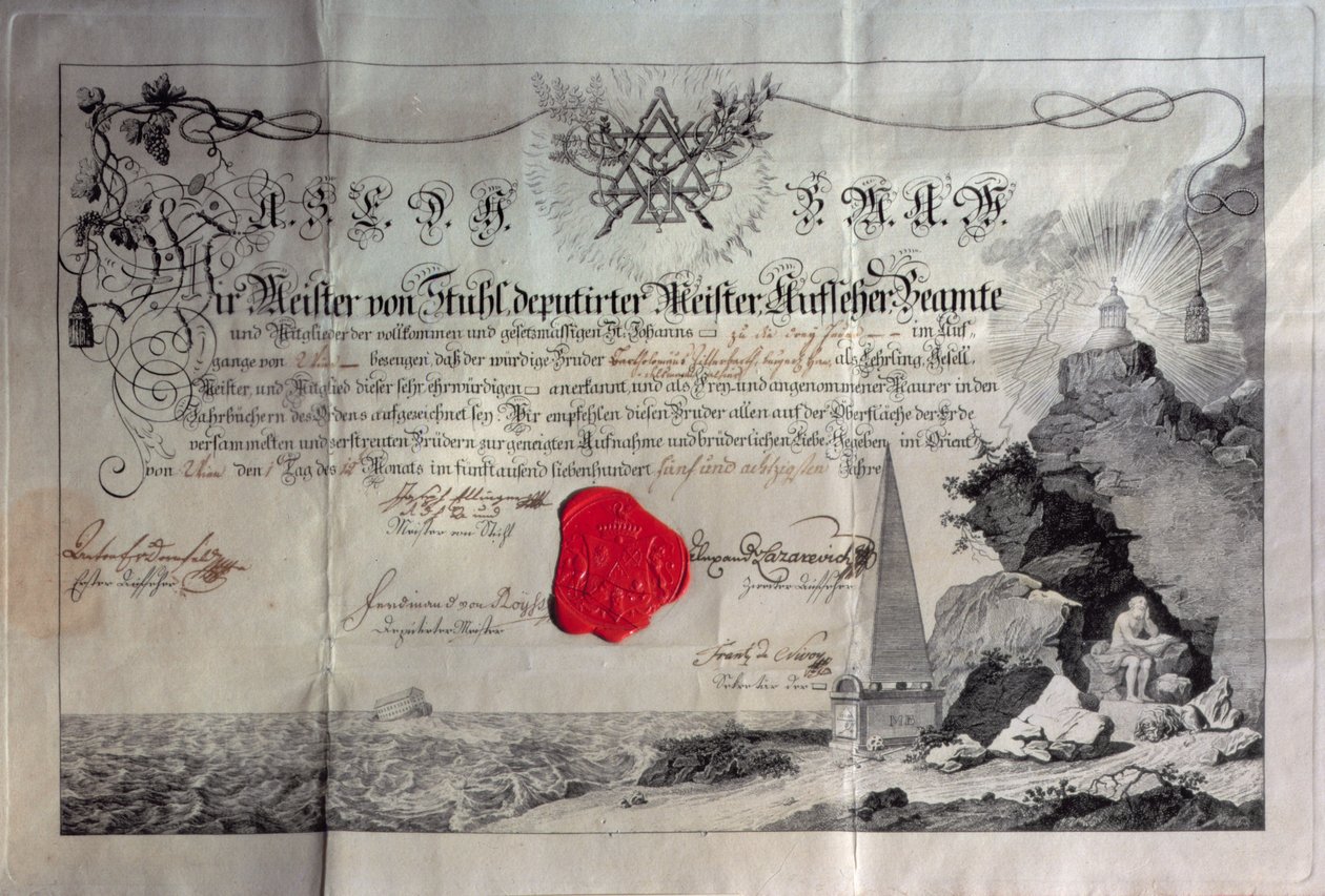 Vapaamuurarien todistus, 1785 (kuparilevykaiverrus ja sinetti) tekijältä Unbekannt Unbekannt