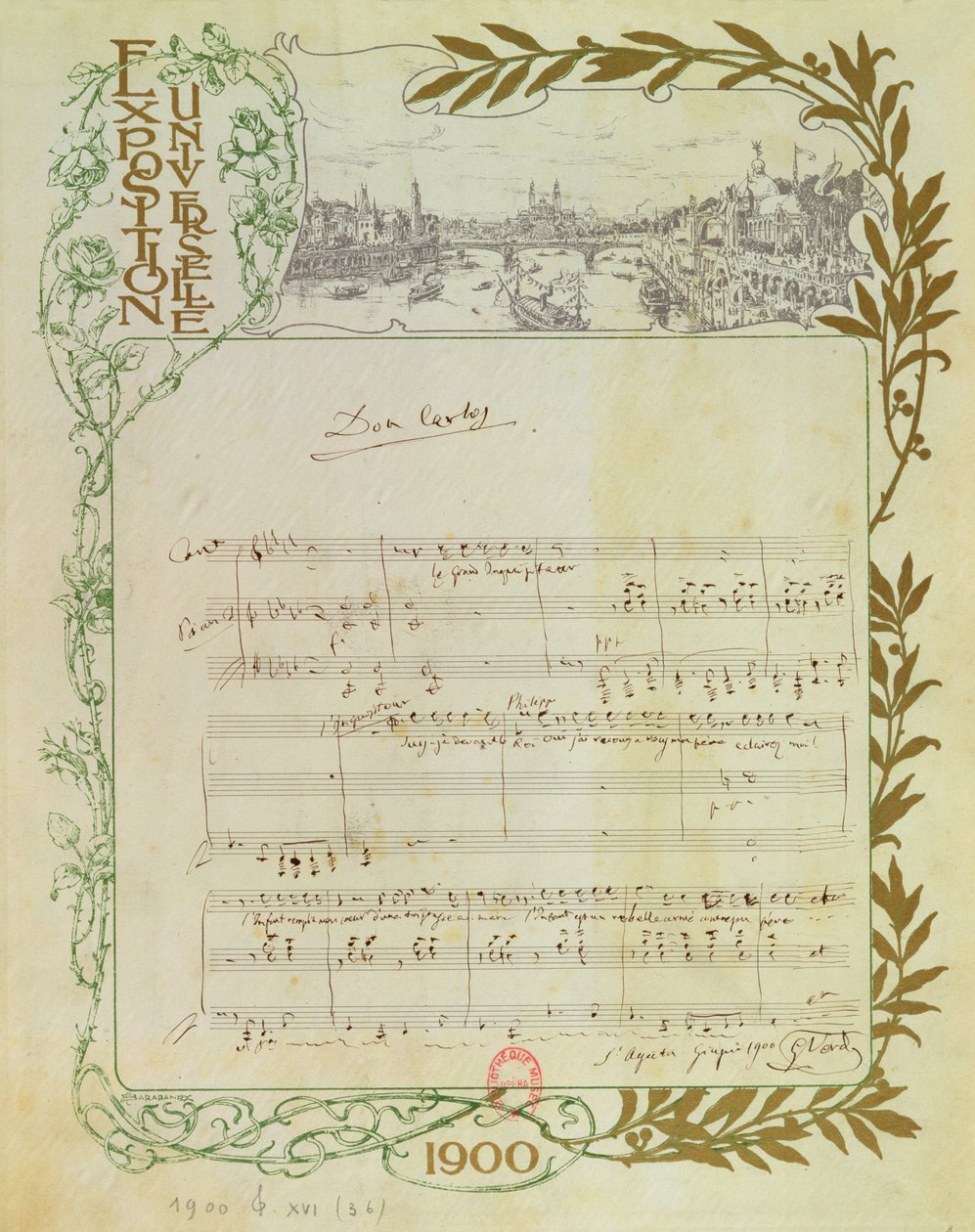 Giuseppe Verdin (1813-1901) oopperan "Don Carlos" partituuri, joka on kirjoitettu vuoden 1900 Exposition Universelle -näyttelyä varten painetulle paperille tekijältä Unbekannt Unbekannt