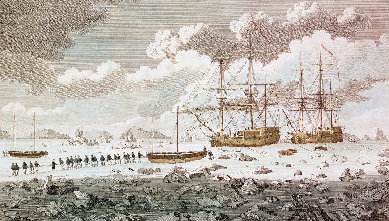 "Kilpahevonen" ja "ruho" olivat Constantine John Phippsin, Lord Mulgraven (1744-92) komennossa, juuttuneet jäihin Huippuvuorilla matkallaan löytääkseen pohjoisen reitin Intiaan, Easin kaivertaman tekijältä Unbekannt Unbekannt