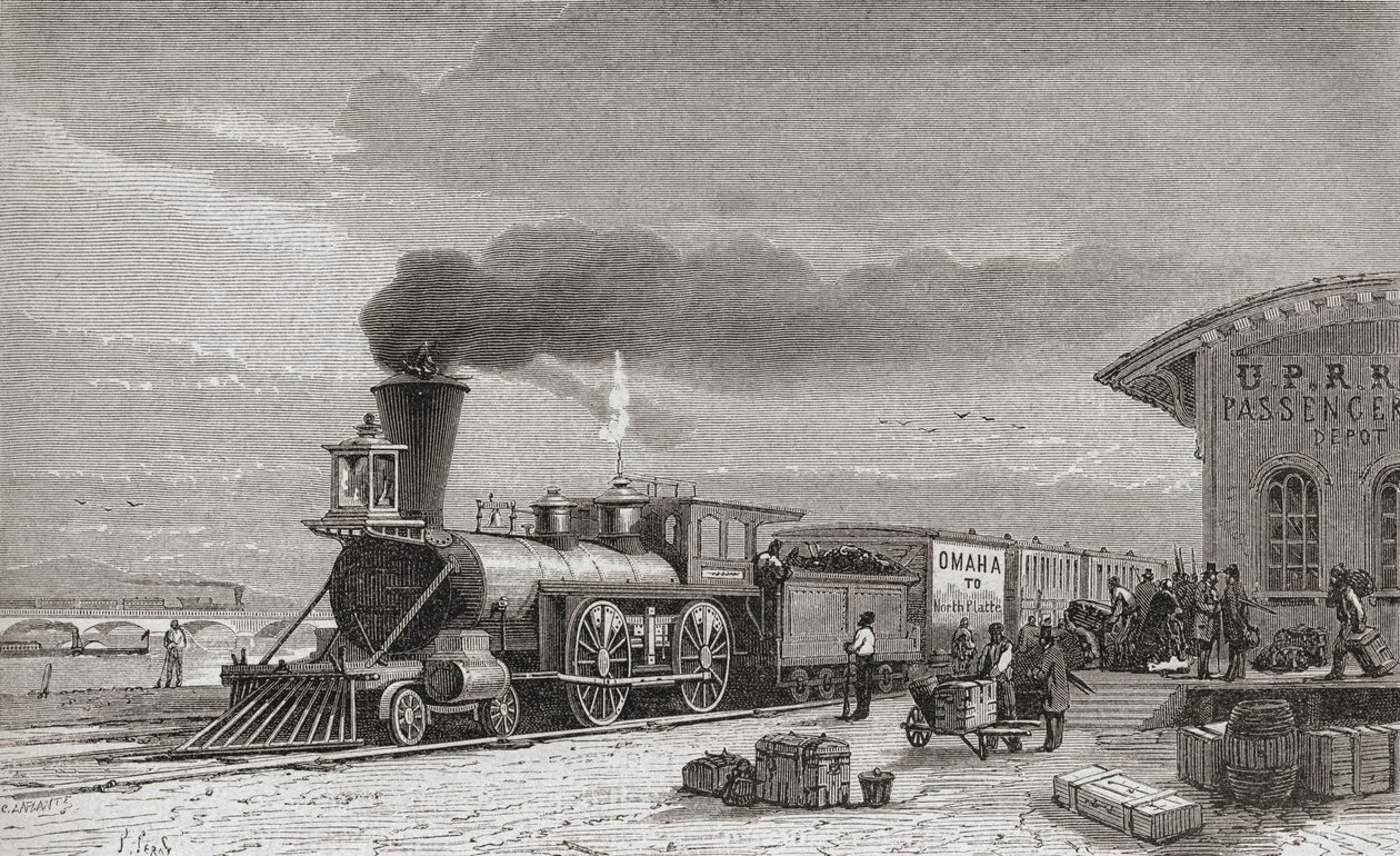 Rautatieasema Omahassa, Nebraskassa, Pacific Railroadin aloituspiste, sellaisena kuin se oli vuonna 1867, kuvitus teoksesta "Maailma käsissä", kaivertanut Charles Laplante (k.1903), julkaistu 1878 (en) tekijältä Unbekannt Unbekannt
