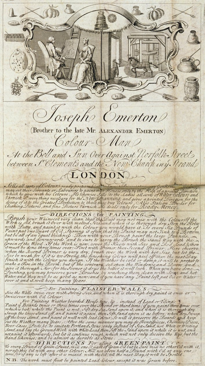 Joseph Emertonin kauppalehti, Color Man. mainosmateriaalit maalareille ja taiteilijoille, n. 1744 (painettu paperi) tekijältä Unbekannt Unbekannt