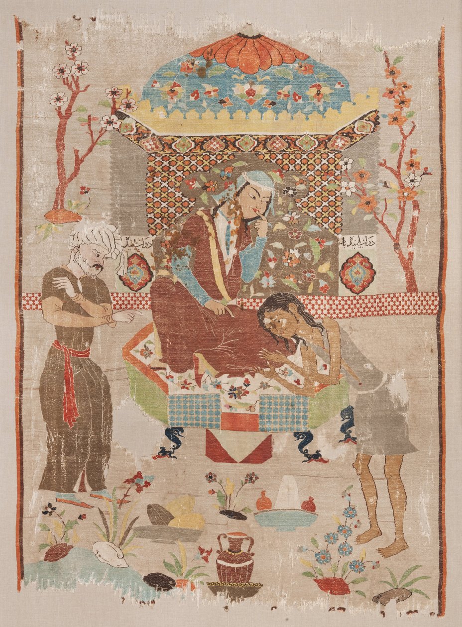 Tuntematon, Iran, 1500- tai 1500 -luku - Silkkikudos, joka kuvaa Leilan ja Majnunin tarinan tekijältä Unbekannt Unbekannt