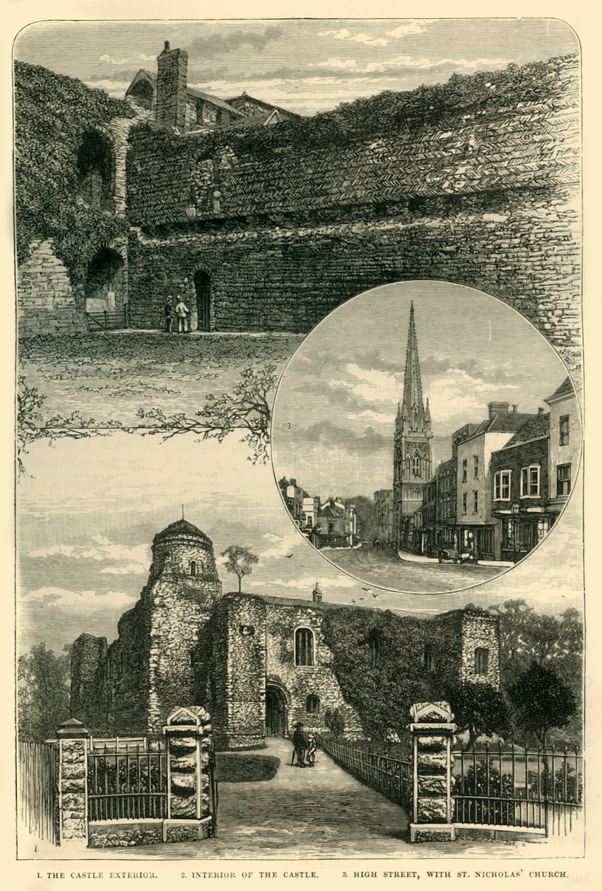 1. Linnan ulkopuoli. 2. Linnan sisustus. 3. High Street, St. Nicholas Church, 1898 tekijältä Unbekannt