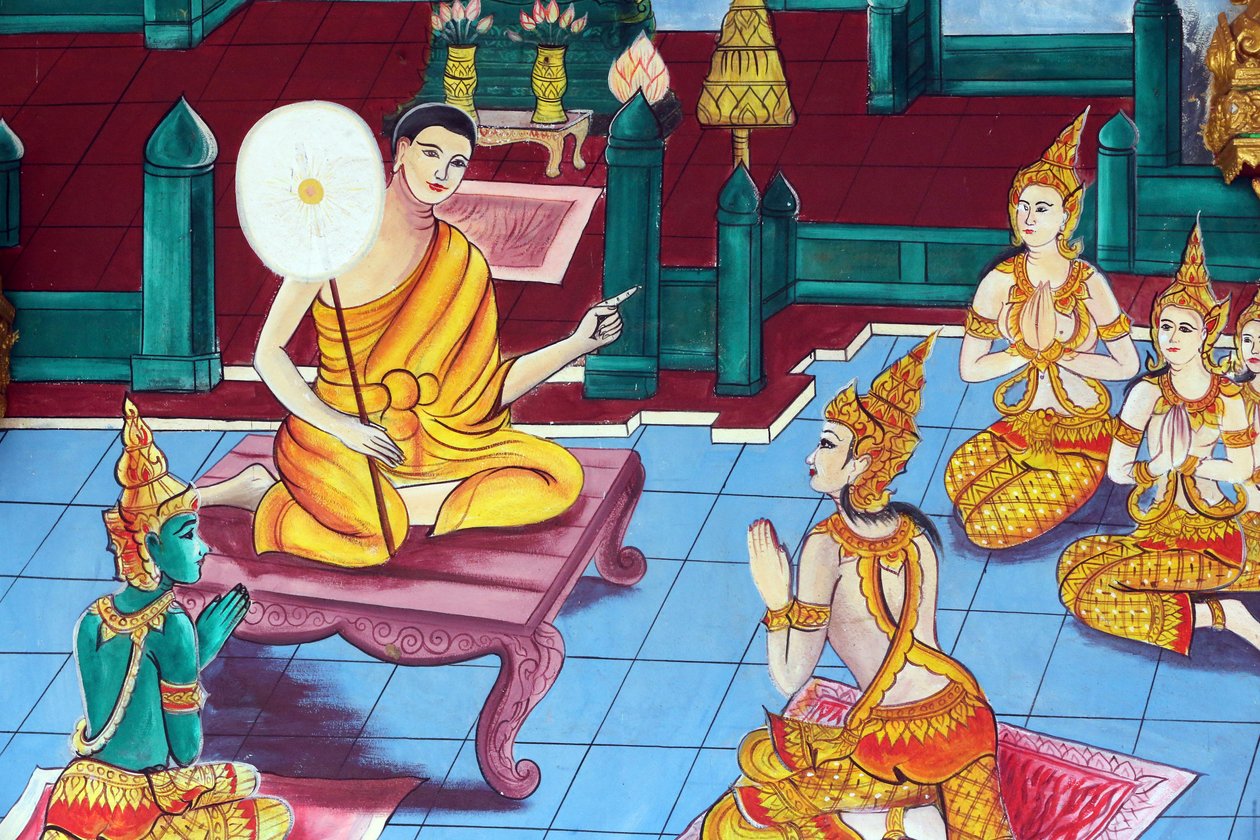20151029, Vientiane, Laos : Wat Inpengin buddhalainen temppeli. Shakyamuni Buddhan elämäntarinaa kuvaava maalaus tekijältä Unbekannt