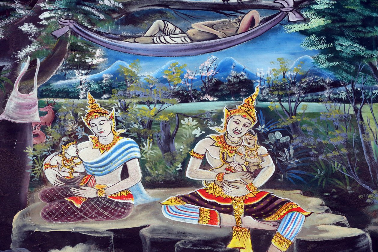 20151029, Vientiane, Laos : Wat Inpengin buddhalainen temppeli. Shakyamuni Buddhan elämäntarinaa kuvaava maalaus tekijältä Unbekannt