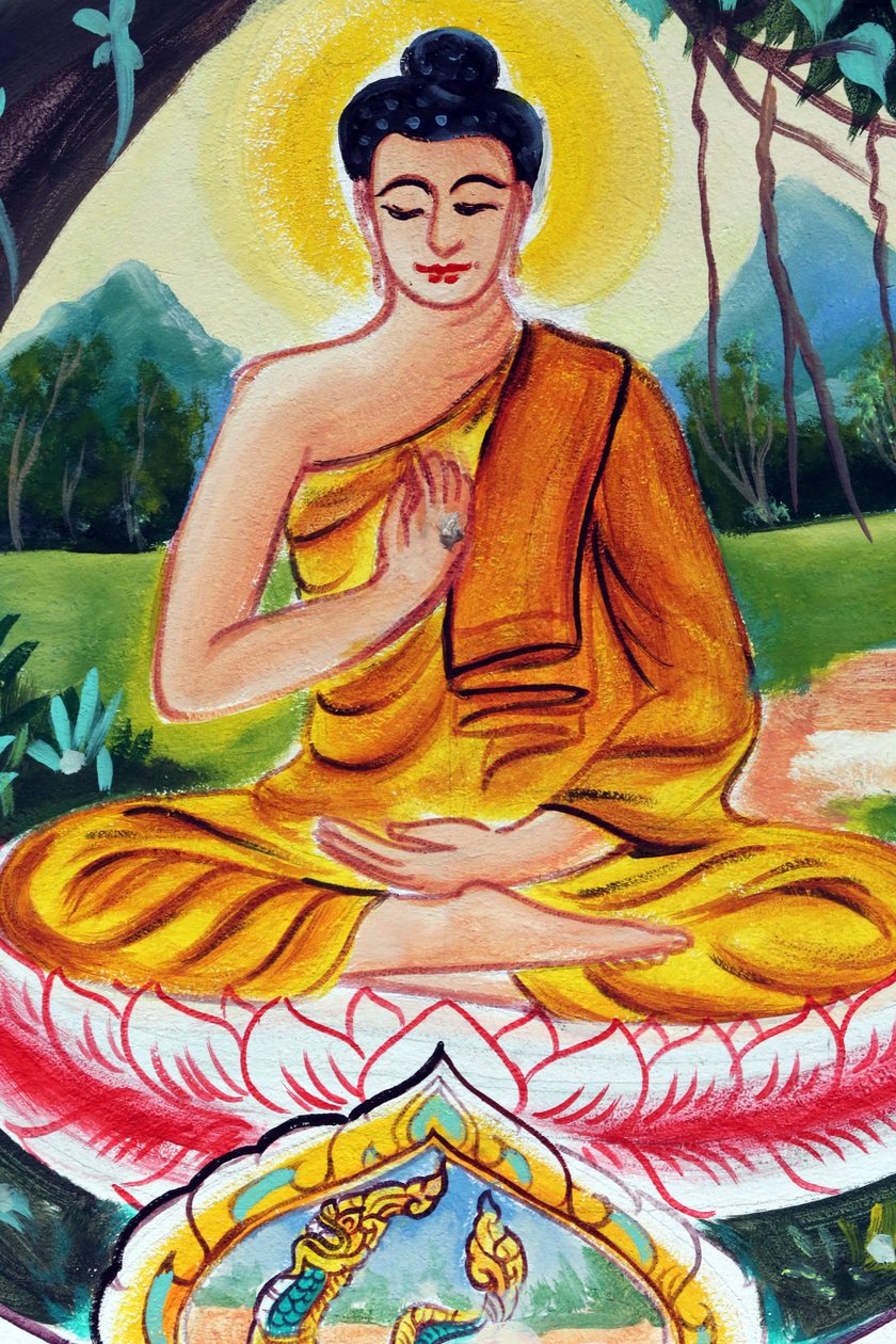 20151029, Vientiane, Laos : Wat Inpengin buddhalainen temppeli. Shakyamuni Buddhan elämäntarinaa kuvaava maalaus. Opetusbuddha kuvaa tiettyä hetkeä Buddhan elämässä, nimittäin ensimmäistä saarnaa, jonka Buddha piti saavutettuaan valaistumisen tekijältä Unbekannt
