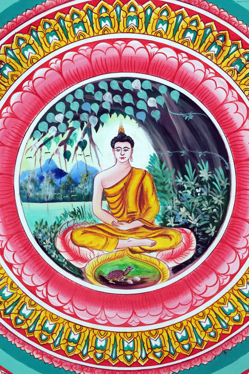 20151029, Vientiane, Laos : Wat Inpengin buddhalainen temppeli. Shakyamuni Buddhan elämäntarinaa kuvaava maalaus. Buddha istuu meditaatioasennossa tekijältä Unbekannt
