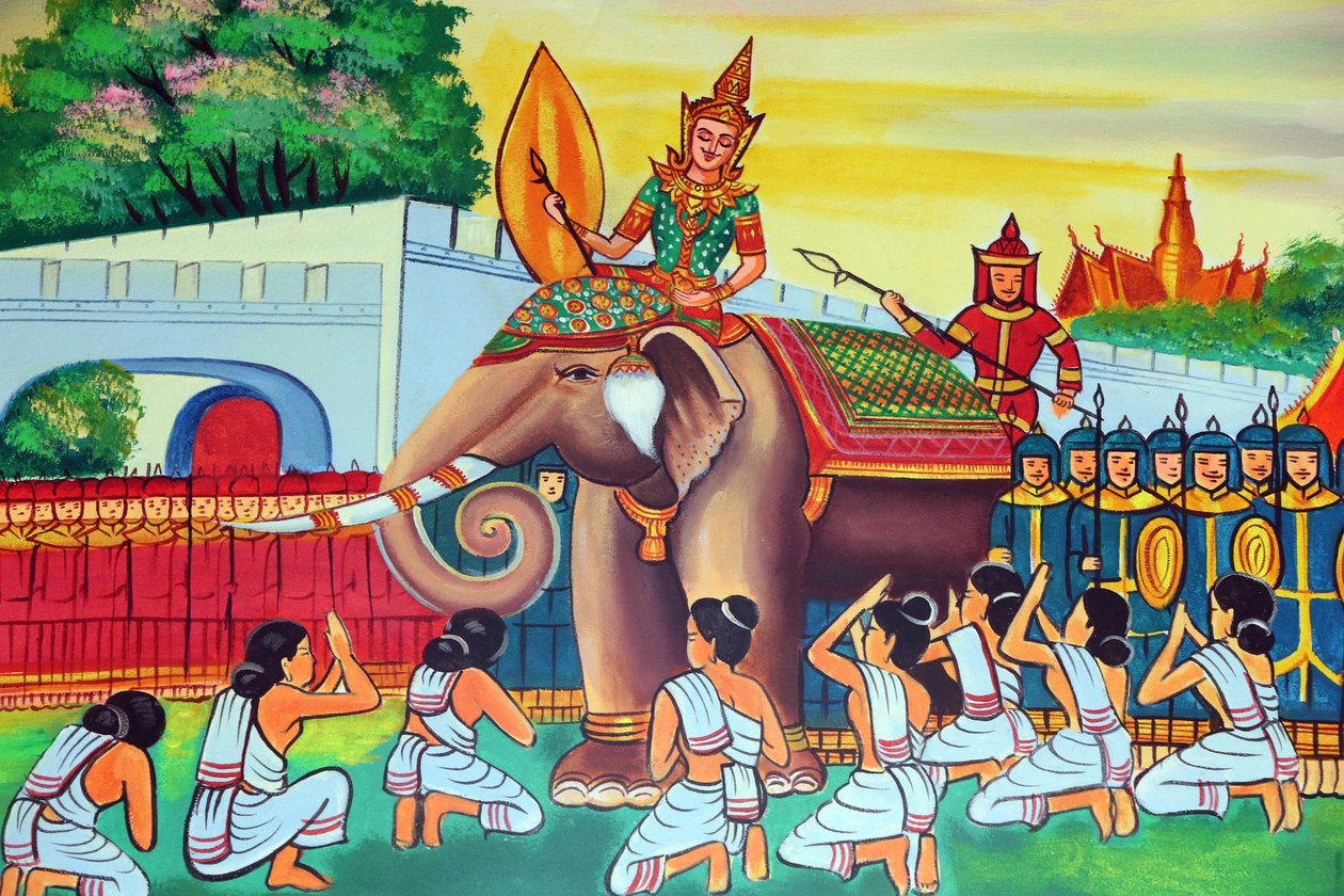 20151029, Vientiane, Laos : Wat Si Muang (Simuong) buddhalainen temppeli. Shakyamuni Buddhan elämäntarinaa kuvaava maalaus tekijältä Unbekannt