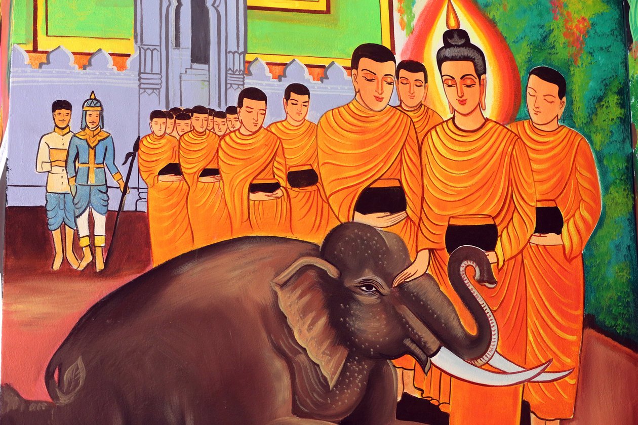 20151029, Vientiane, Laos : Wat Si Muang (Simuong) buddhalainen temppeli. Shakyamuni Buddhan elämäntarinaa kuvaava maalaus. Villi norsu, jota rakastava ystävällisyys kesyttää tekijältä Unbekannt