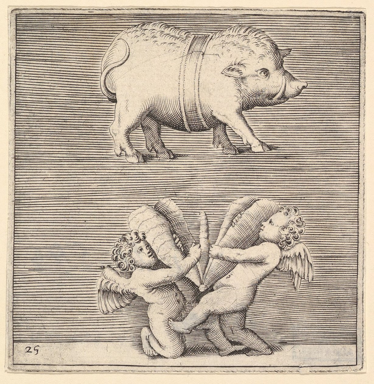 Vyöpossu ja kaksi amoria tai neroa perhonen tai koiperhonen kanssa, julkaistu n. 1599-1622. tekijältä Unbekannt