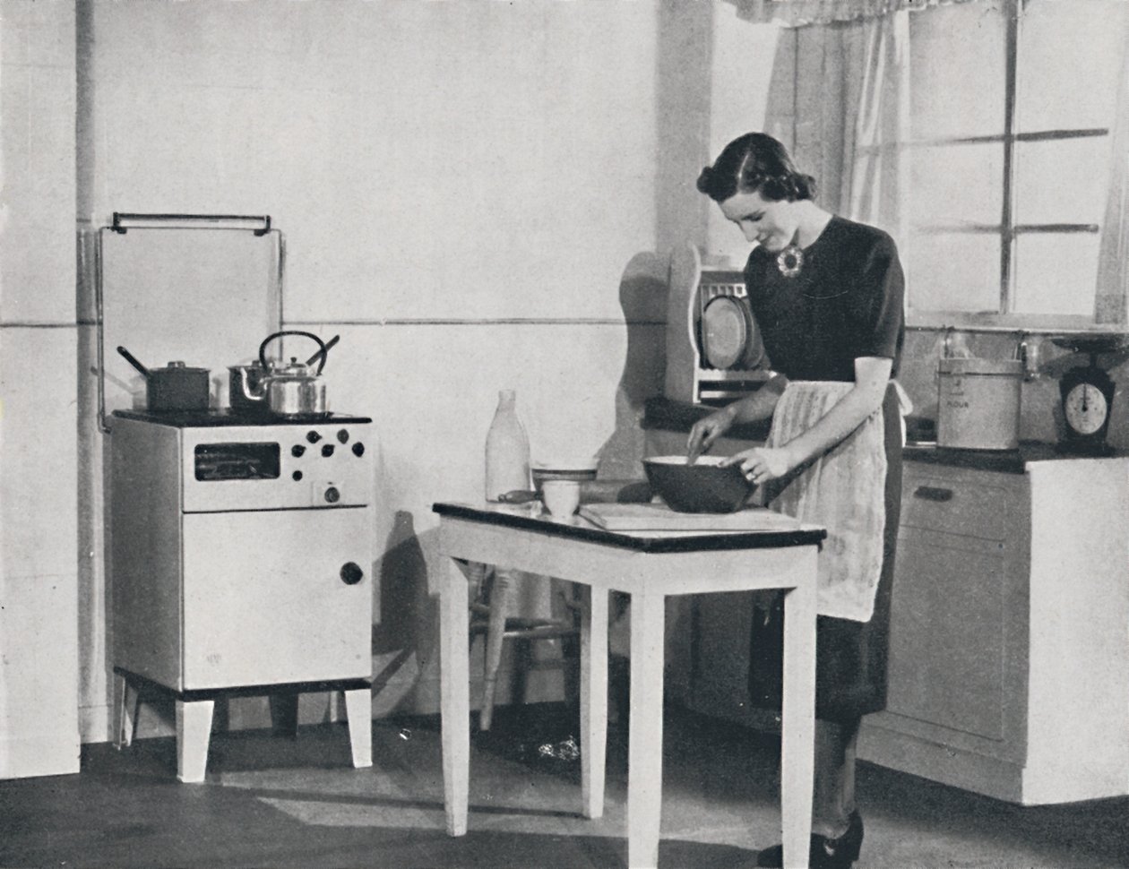 Brittiläinen keittiö, jossa on kaappikaasuliesi, 1942. tekijältä Unbekannt