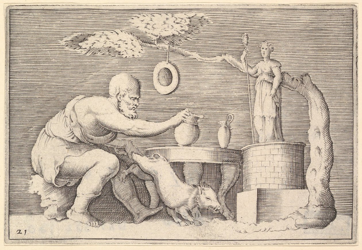 Faun tai Satyr Preparing a Pig for Sacrifice, julkaistu n. 1599-1622. tekijältä Unbekannt