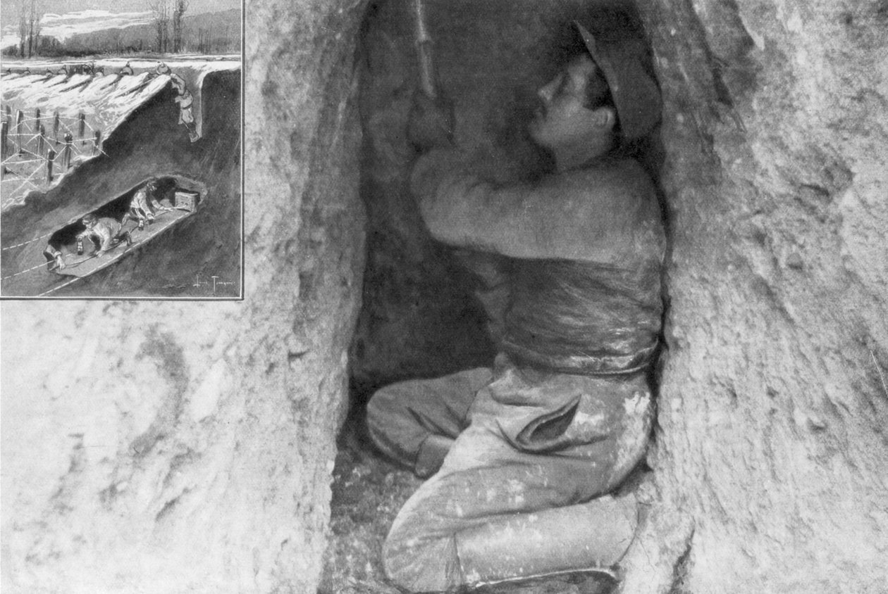 Ranskalainen sapööri kaivamassa tunnelia asettaakseen miinan vihollislinjojen alle, Ranska, 1915 tekijältä Unbekannt
