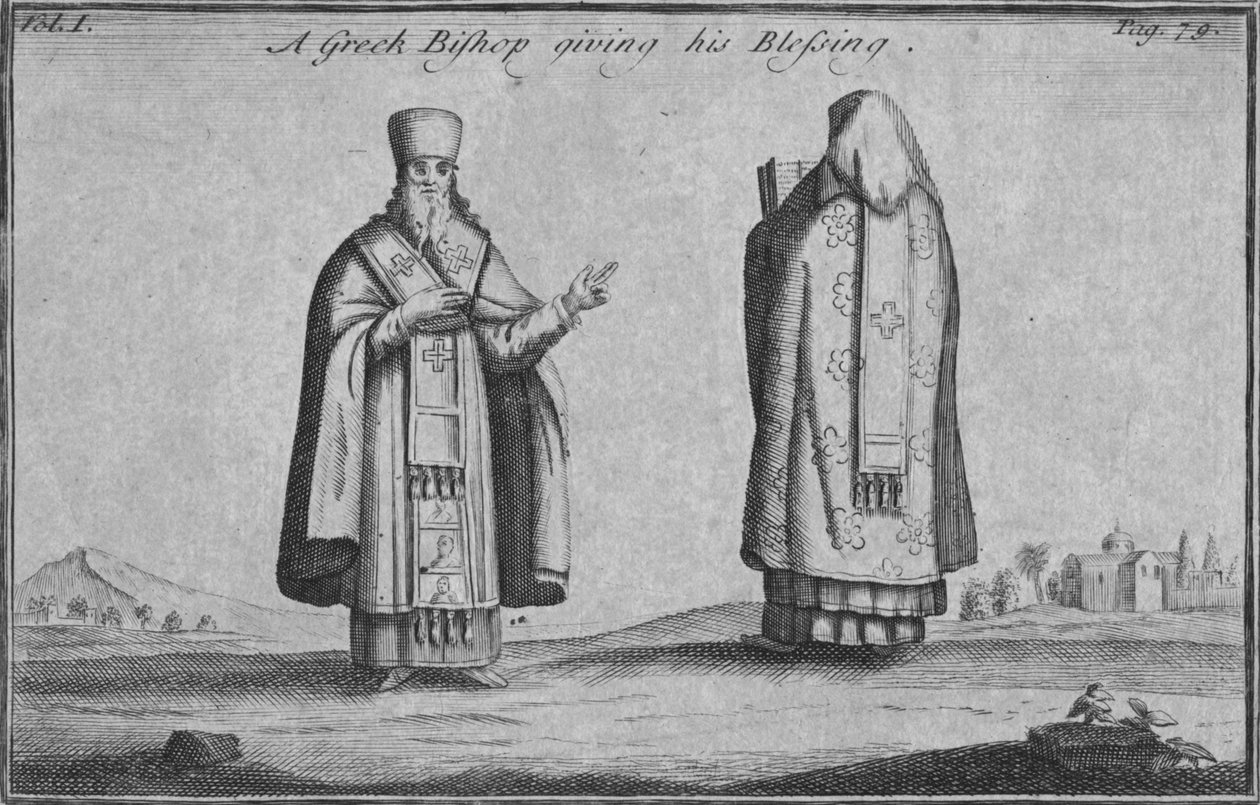 Kreikkalainen piispa antamassa siunauksensa, n. 1761 tekijältä Unbekannt