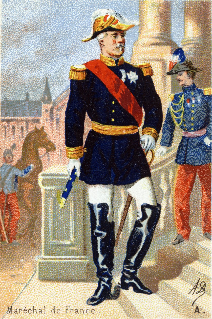 V: Ranskan Marechal. Kaiverrus "Military Alphabet" -kirjaimella. Kuvittajan nimikirjaimet: A. D. Tuntematon kustantaja. Kromolitografiat 1800-luvun lopulla. Mitat: 10,5 x 7 cm. tekijältä Unbekannt