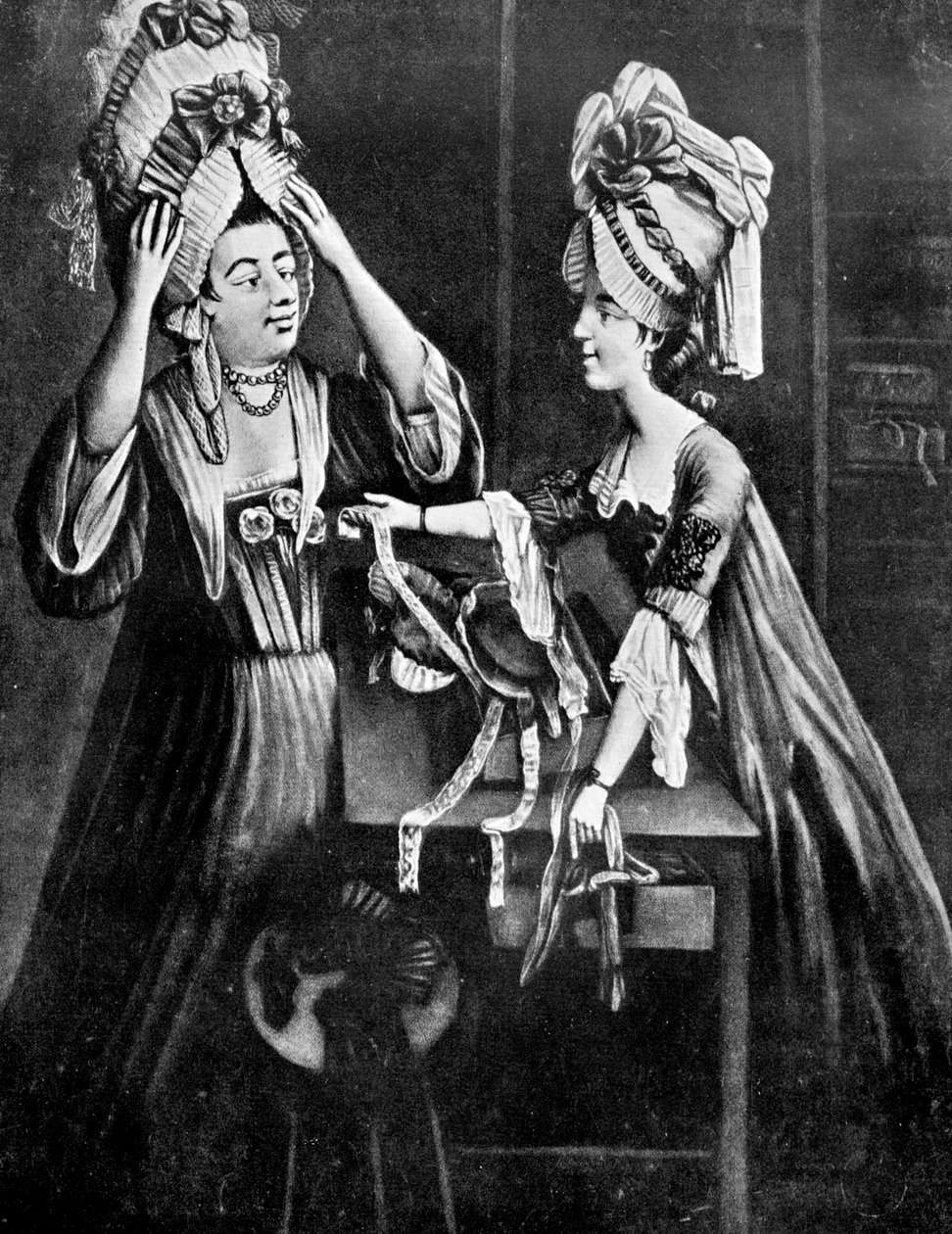 A Milliners Shop, rouva Monopolize, teurastajan vaimo, ostamassa modernia päämekkoa, 1772 tekijältä Unbekannt