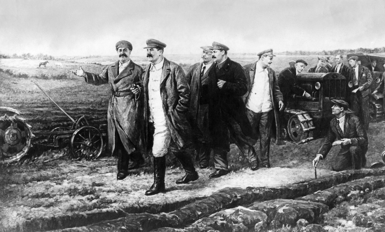 K, Finogenovin maalaus J, V, Stalin, G, K, Ordjonikidze, M. I. Kalinin, L. M. Kaganovich ja A. A. Zhdanov Auto-Tractor Instituten kokeellisesta kentästä tekijältä Unbekannt