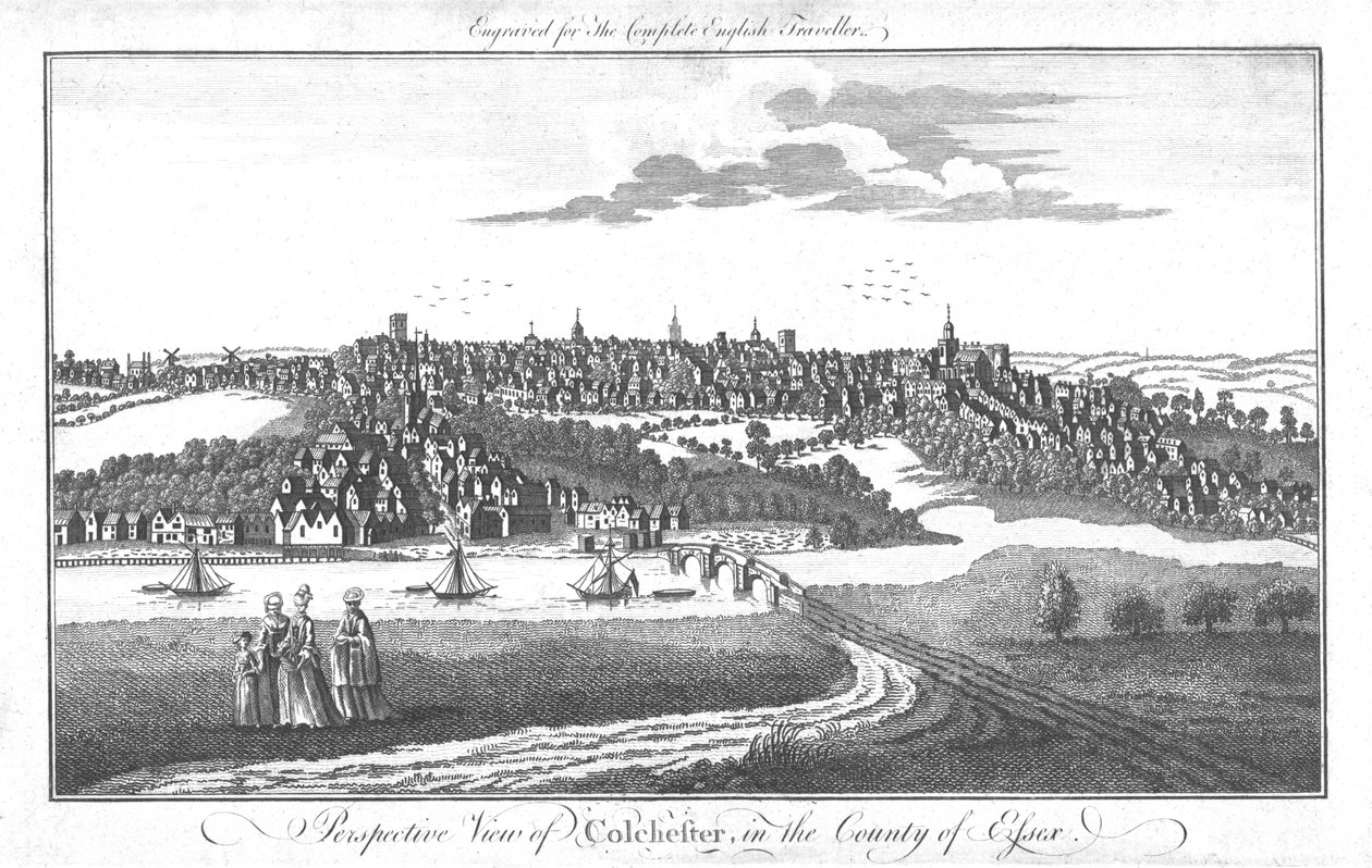 Perspektiivinäkymä Colchesteriin Essexin piirikunnassa, n. 1742 tekijältä Unbekannt