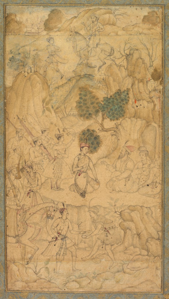 Prinssi vierailemassa pyhän miehen luona kivisessä maisemassa, n. 1590. tekijältä Unbekannt