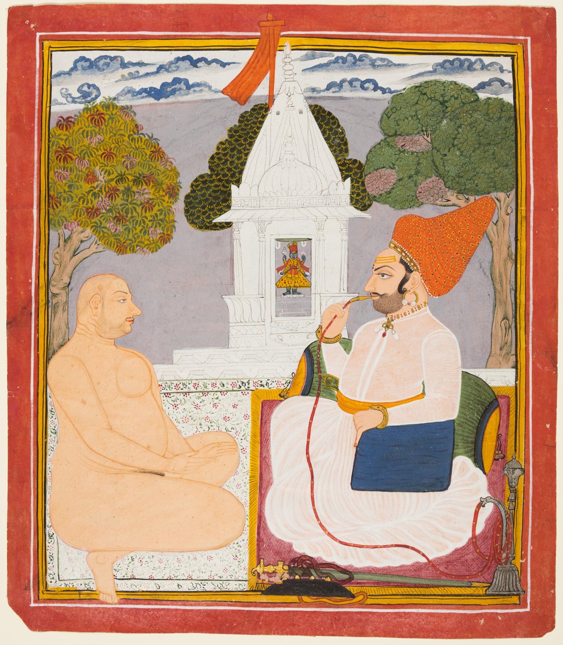 Rathor Noble vierailee digambaran pyhän miehen luona Vishnu-pyhäkössä, luultavasti Baba Atmaram, n. 1760. tekijältä Unbekannt