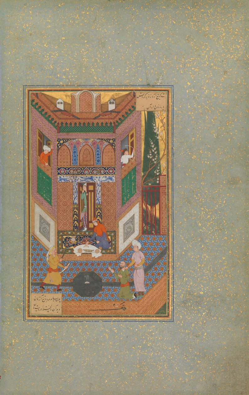 Ruffian säästää köyhän miehen elämää, Folio 4v Mantiq al-tairista Lintujen kieli, c16 tekijältä Unbekannt