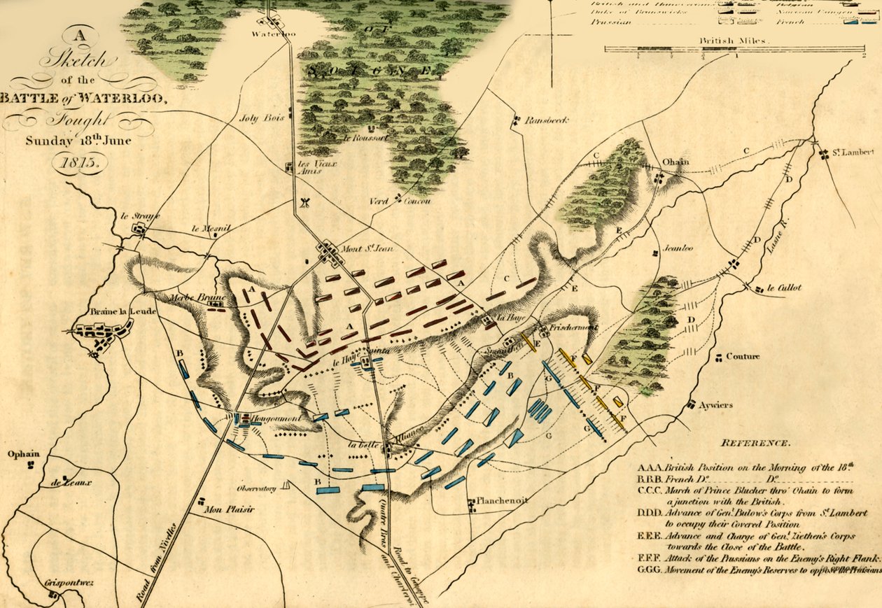 Luonnos Waterloon taistelusta, 18. kesäkuuta 1815, 1816. tekijältä Unbekannt