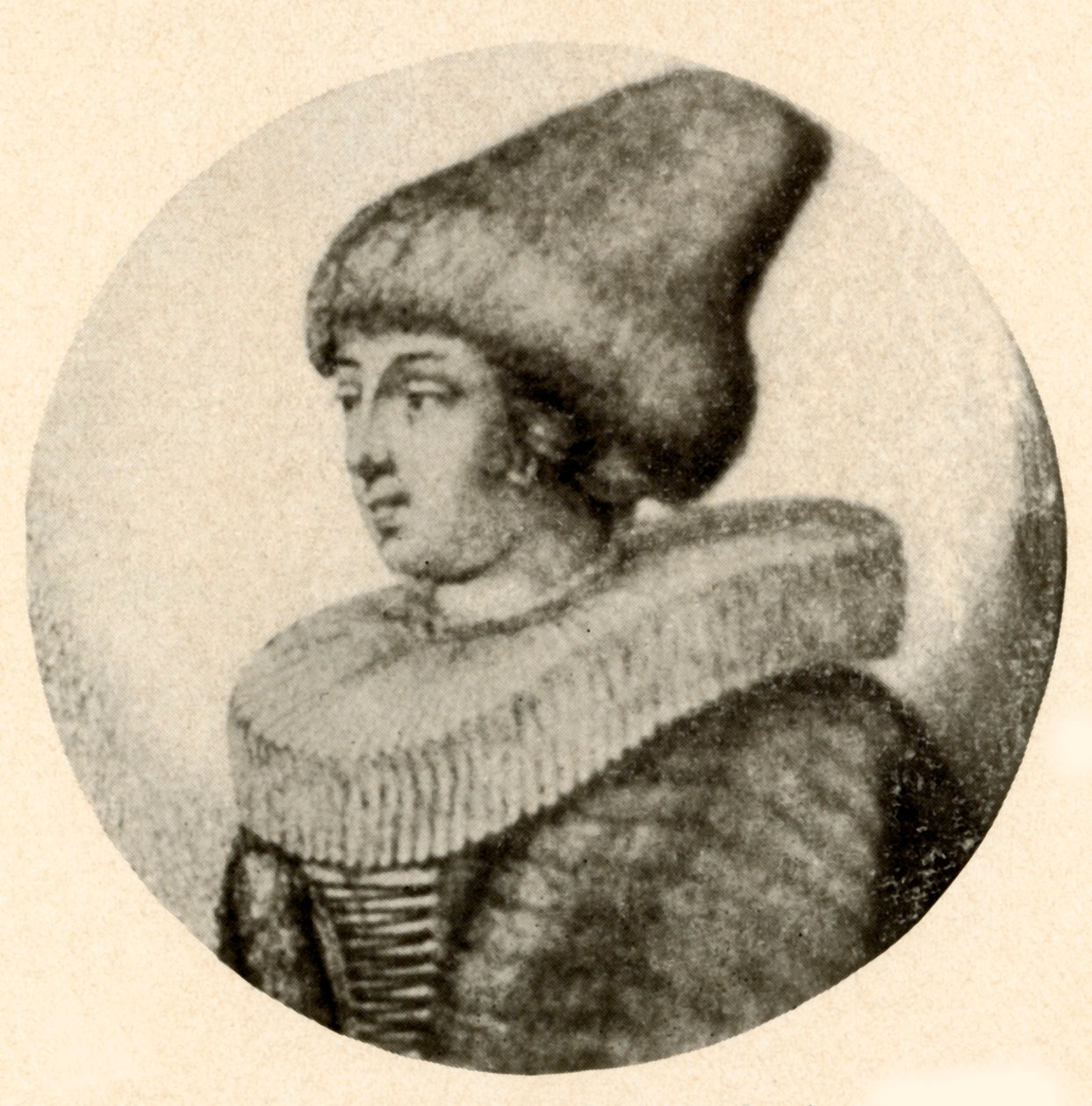 Ruotsalainen nainen teräväkärkisessä turkislakissa ja röyhelössä, 1640, 1937. tekijältä Unbekannt