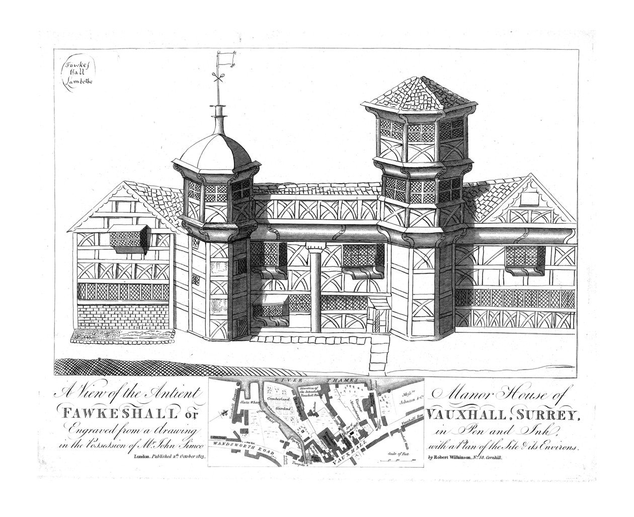 Näkymä Antient Manor House of Fawkeshall tai Vauxhall, Surrey, 1813. tekijältä Unbekannt