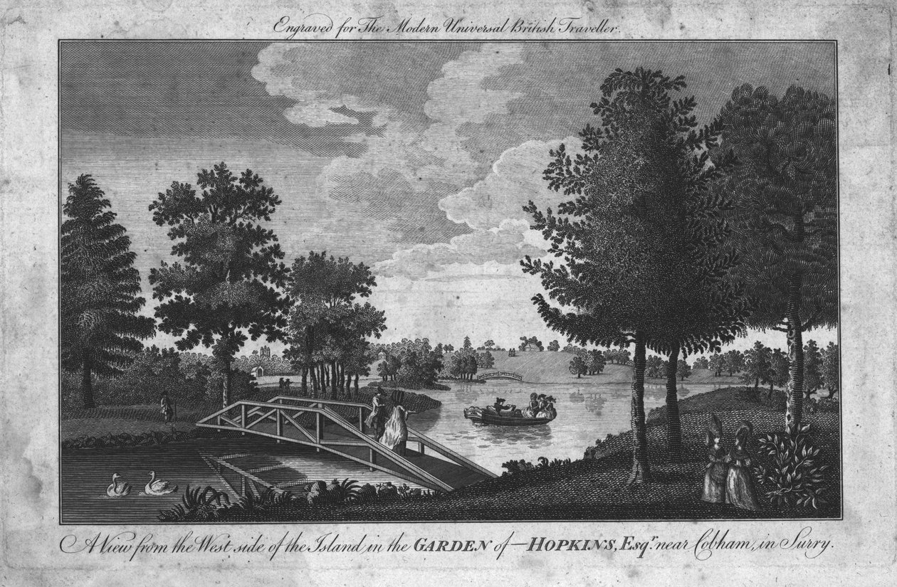 Näkymä saarelle Hopkinsin puutarhassa, Esqr. lähellä Cobhamia Surreyssa, vuonna 1760 tekijältä Unbekannt
