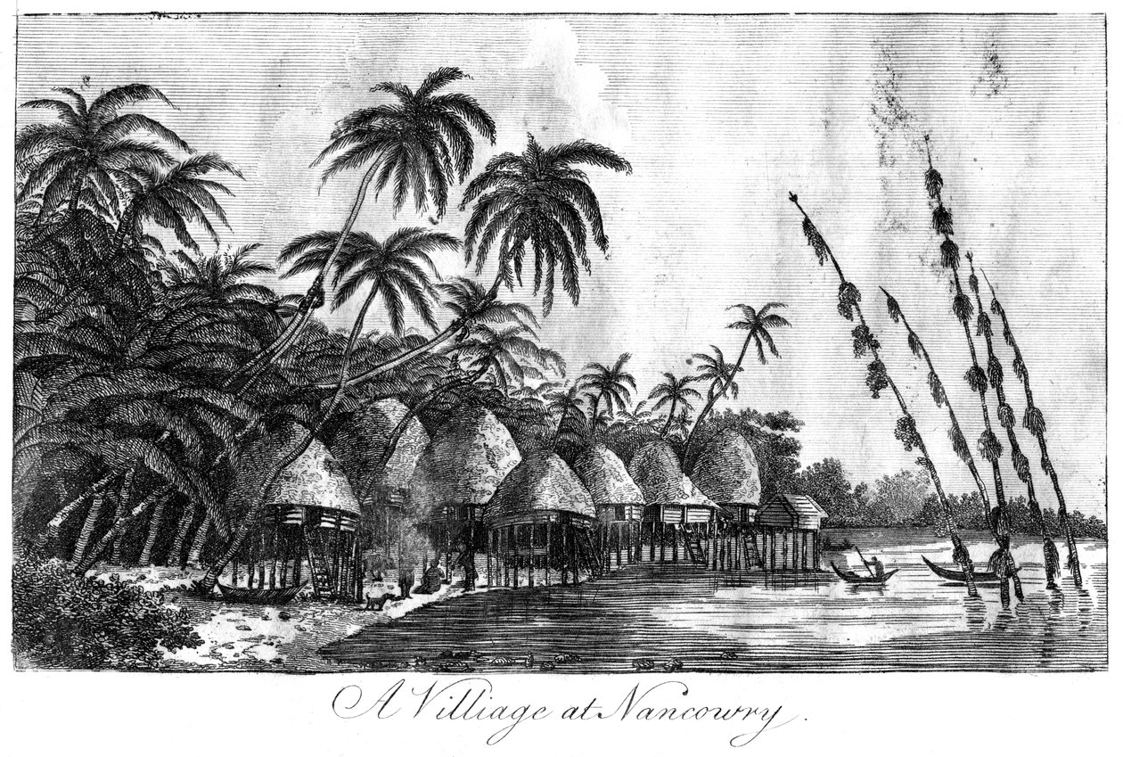 Kylä Nancowryssa, Nicobarsaarilla, 1799 tekijältä Unbekannt