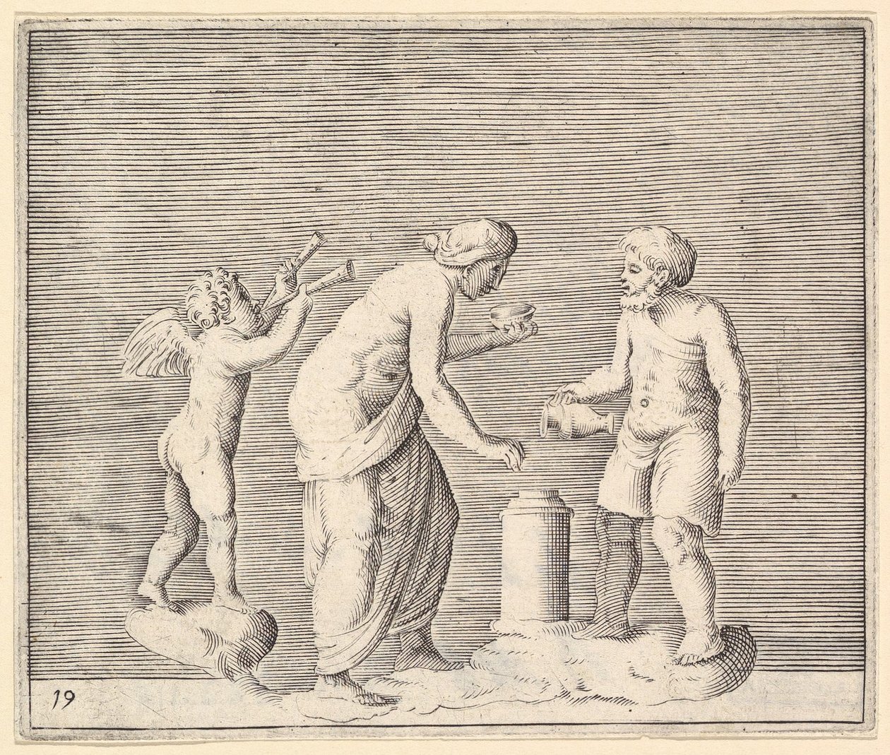 Nainen ja mies uhraamassa Cupidon läsnäollessa, julkaistu n. 1599-1622. tekijältä Unbekannt