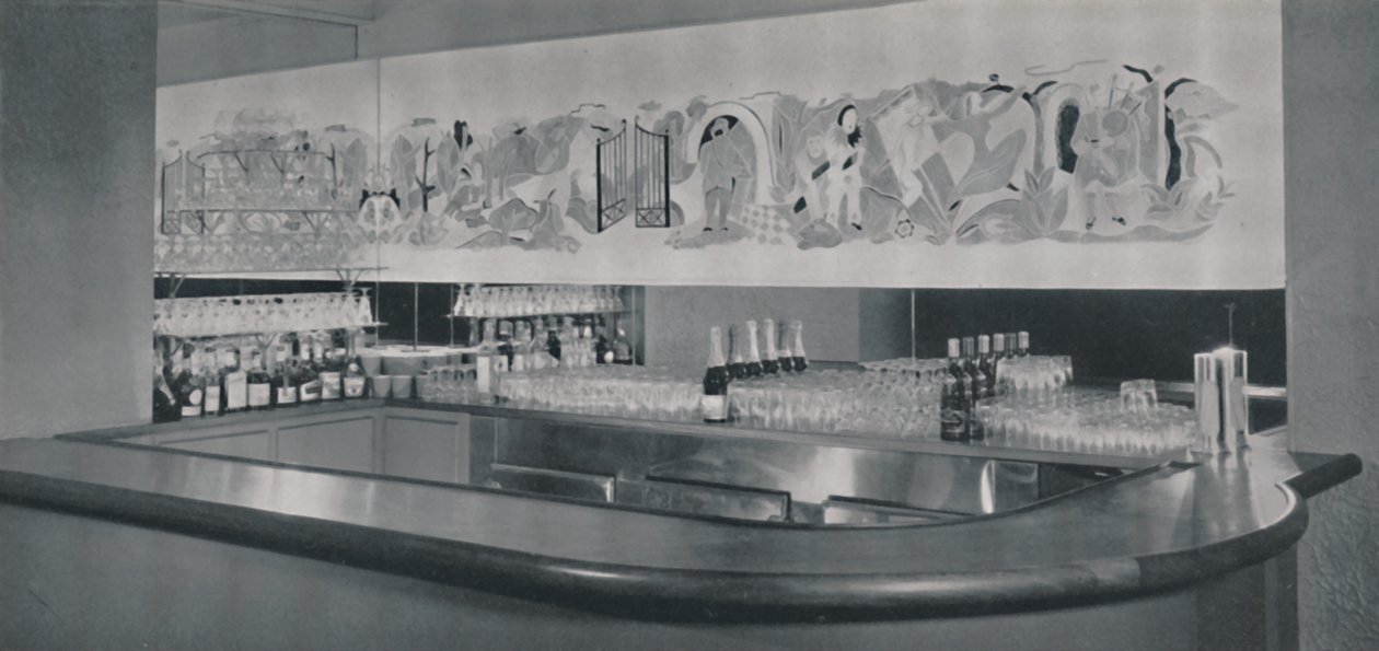 Cocktailbaarin seinämaalaus veistetyssä ja emaloidussa linoleumissa Berkeley-hotellissa Montrealissa, 1942 tekijältä Unbekannt