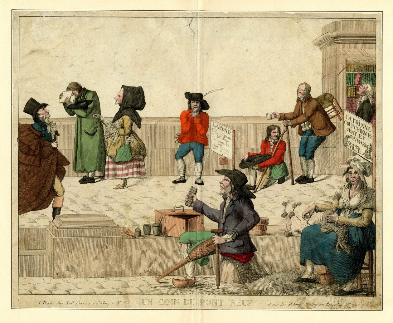 Pont Neufin kulma Pariisissa, ontuvien kerjäläisten ja katukauppiaiden kanssa, noin 1813. tekijältä Unbekannt