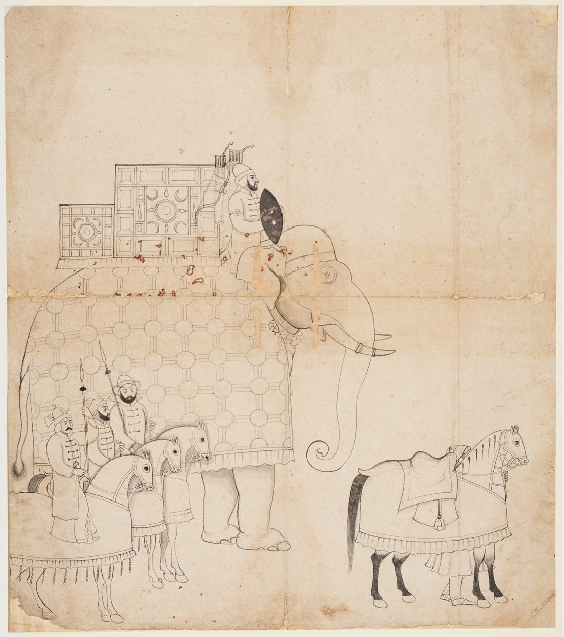 Piirustus Caparisoned Elefantista ja hevosista, n. 1760. tekijältä Unbekannt