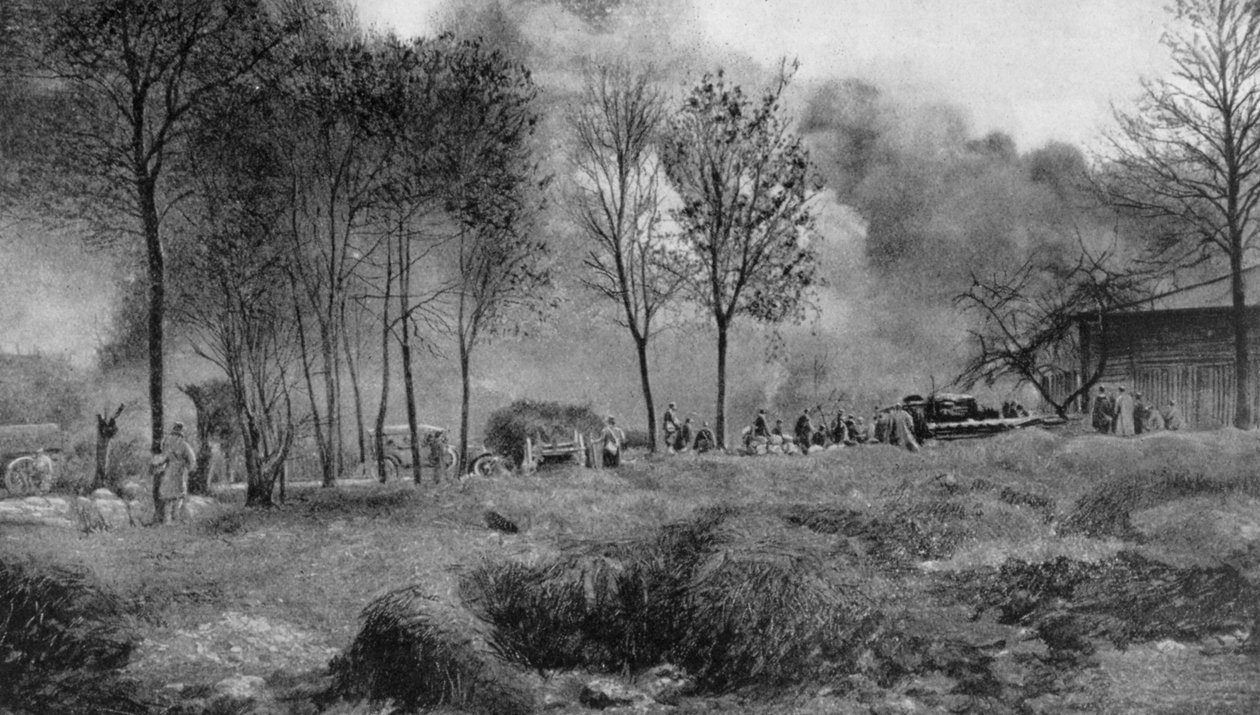 Maatila, joka palaa saksalaisista sytytyspommeista, Artois, Ranska, I maailmansota, 1915 tekijältä Unbekannt