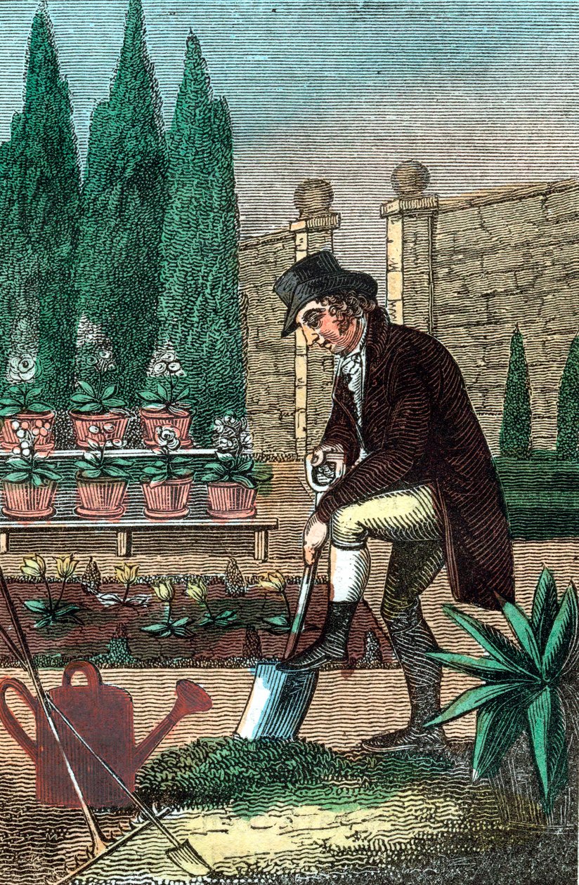 Puutarhuri kaivaa lapiolla, 1821 tekijältä Unbekannt