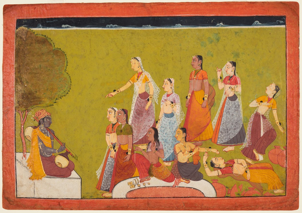 Ryhmä naisia hurmiossa ennen Madhavaa, Madhavanala Kamakandala -sarjasta, c1700. tekijältä Unbekannt