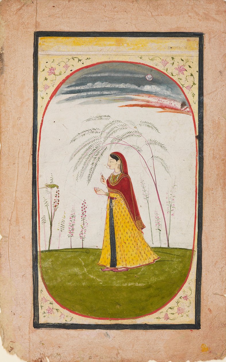 Nainen harvassa maisemassa, kädessään kukka ja kuppi, 1800-luvun alku tekijältä Unbekannt