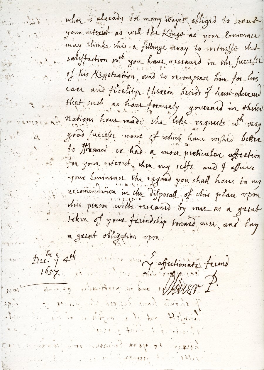 Oliver Cromwellin kirje kardinaali Mazarinille, 4. joulukuuta 1657, 1899 tekijältä Unbekannt