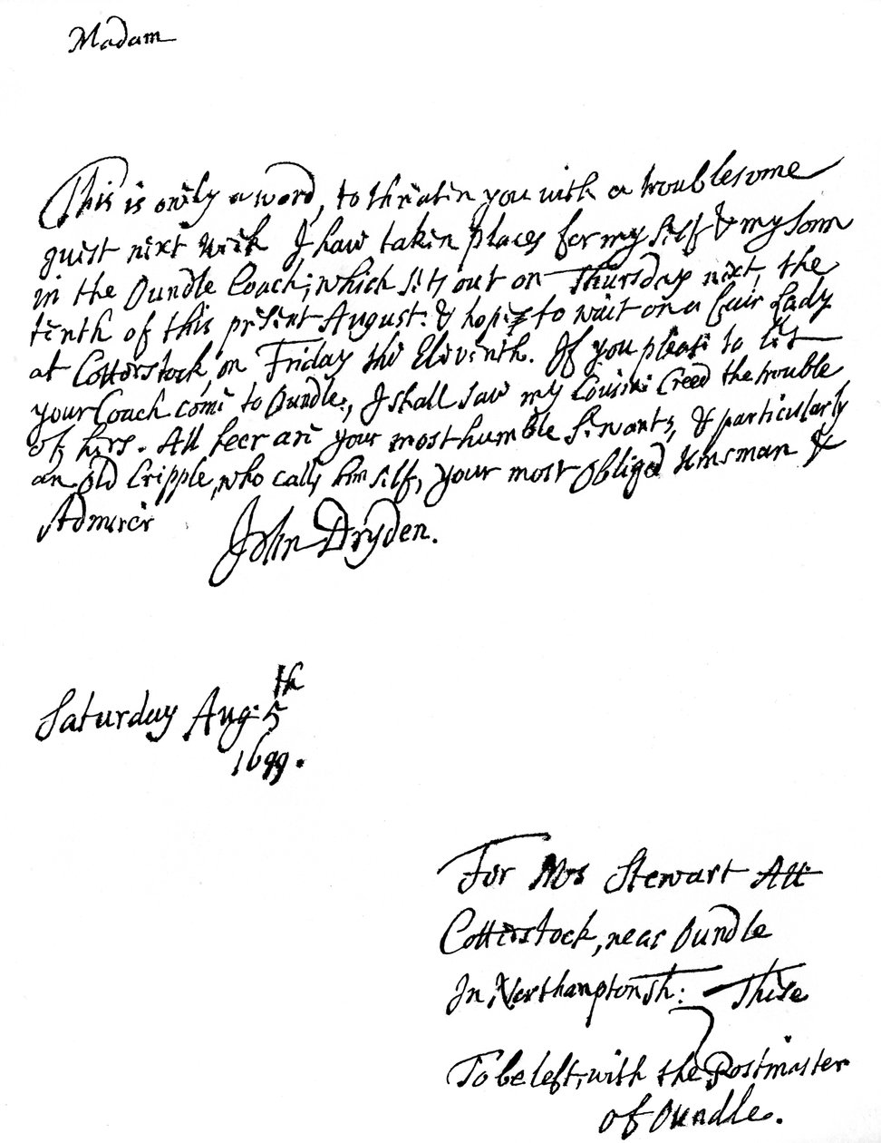 Kirje, jonka on kirjoittanut John Dryden 1631-12700, englantilainen runoilija, 1699 1840 tekijältä Unbekannt